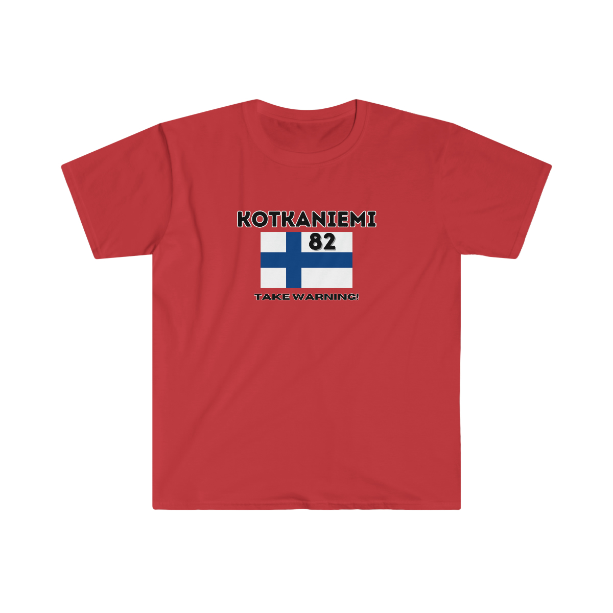 red short sleeve t-shirt with name Kotkaniemi the number 82 and Finnish flag under the flag text reads: "Take warning"