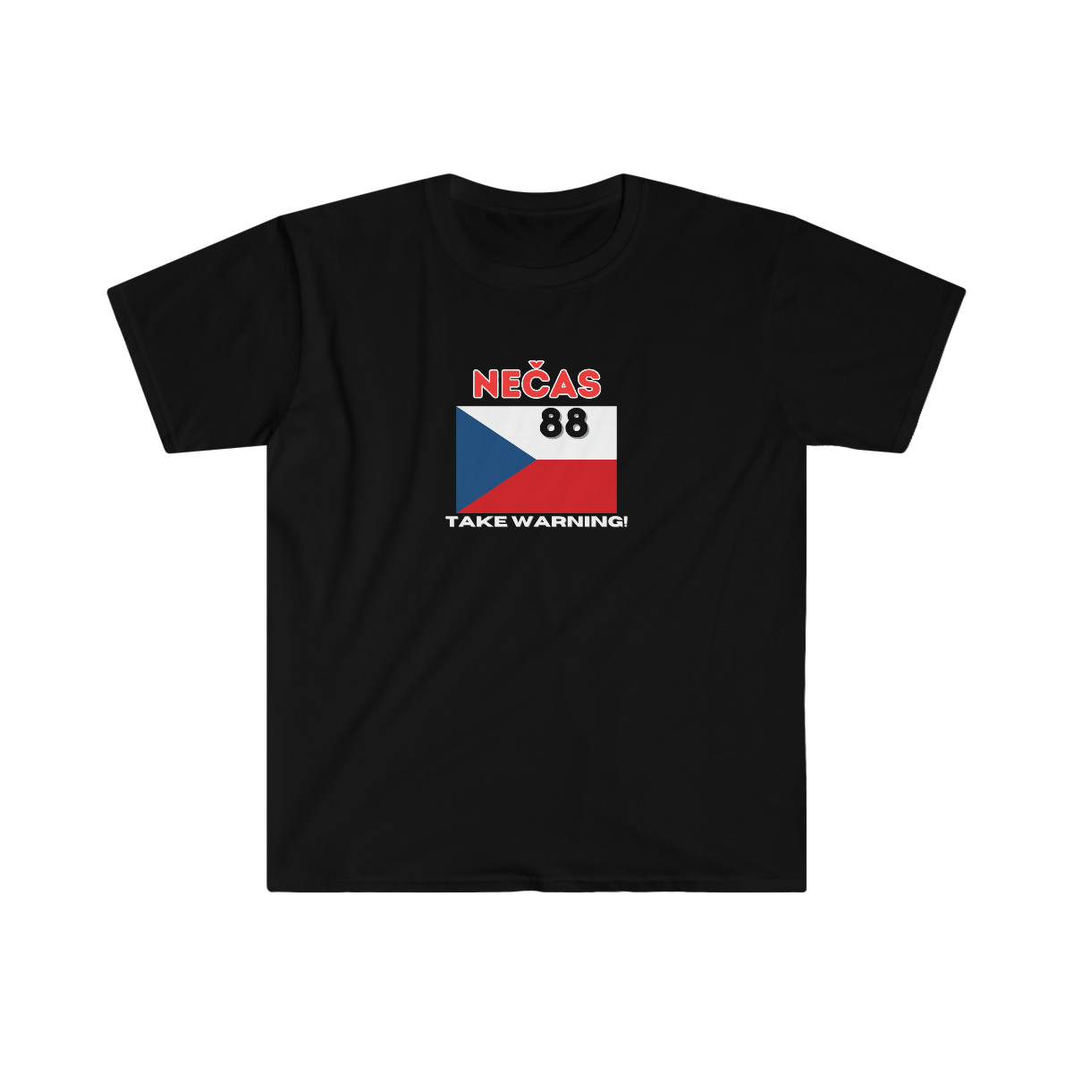 black short sleeve t-shirt with the name Necas in native spelling, the czech flag and number 88 under the flag text reads "take warning"