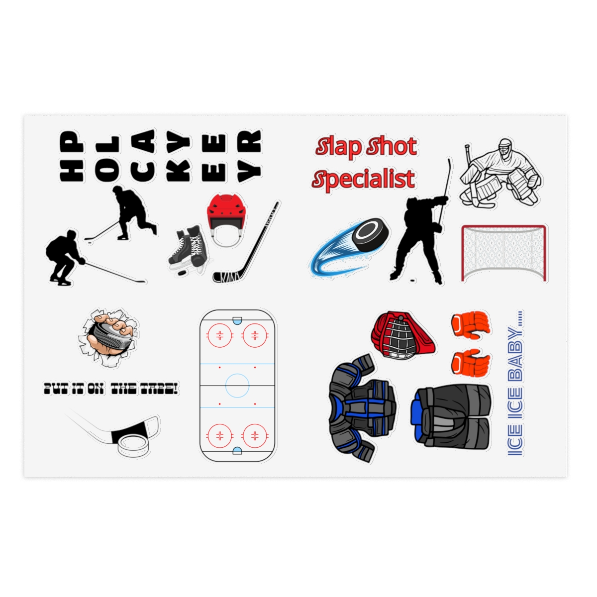 Image of a sheet of stickers that are all related to hockey including sayings: hockey player, slap shot specialist, ice ice baby..., put it in the net images include players in hockey poses, a hockey rink and hockey gear