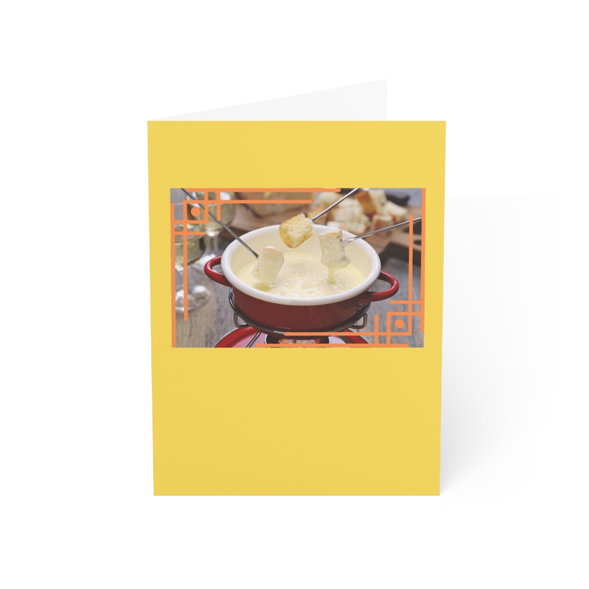 Photo of the card showing a fondu pot with cheese on a yellow background