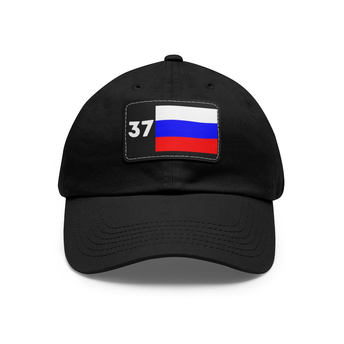 black baseball cap with the number 37 and russian flag on a black leather patch on the front of the cap