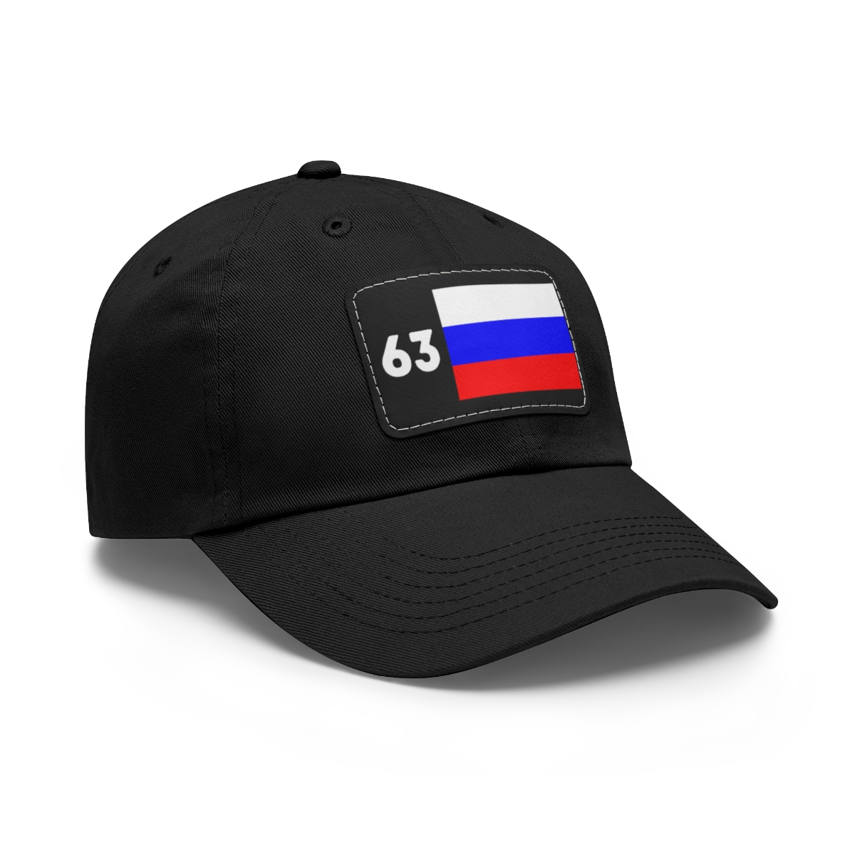 black baseball cap with the number 63 and russian flag on a black leather patch on the front of the cap