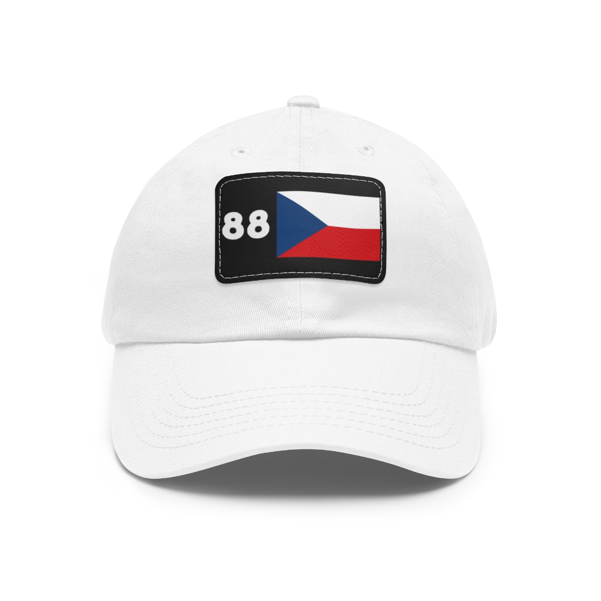 white baseball cap with the number 88 and the czech flag on a black leather patch on the front of the hat