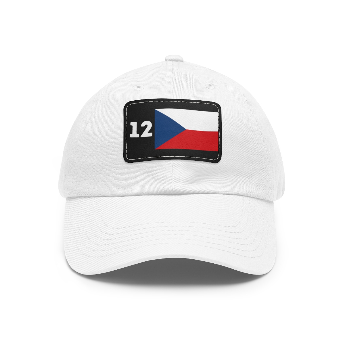 white baseball cap with the number 12 and czech flag on a black leather patch on the front of the cap