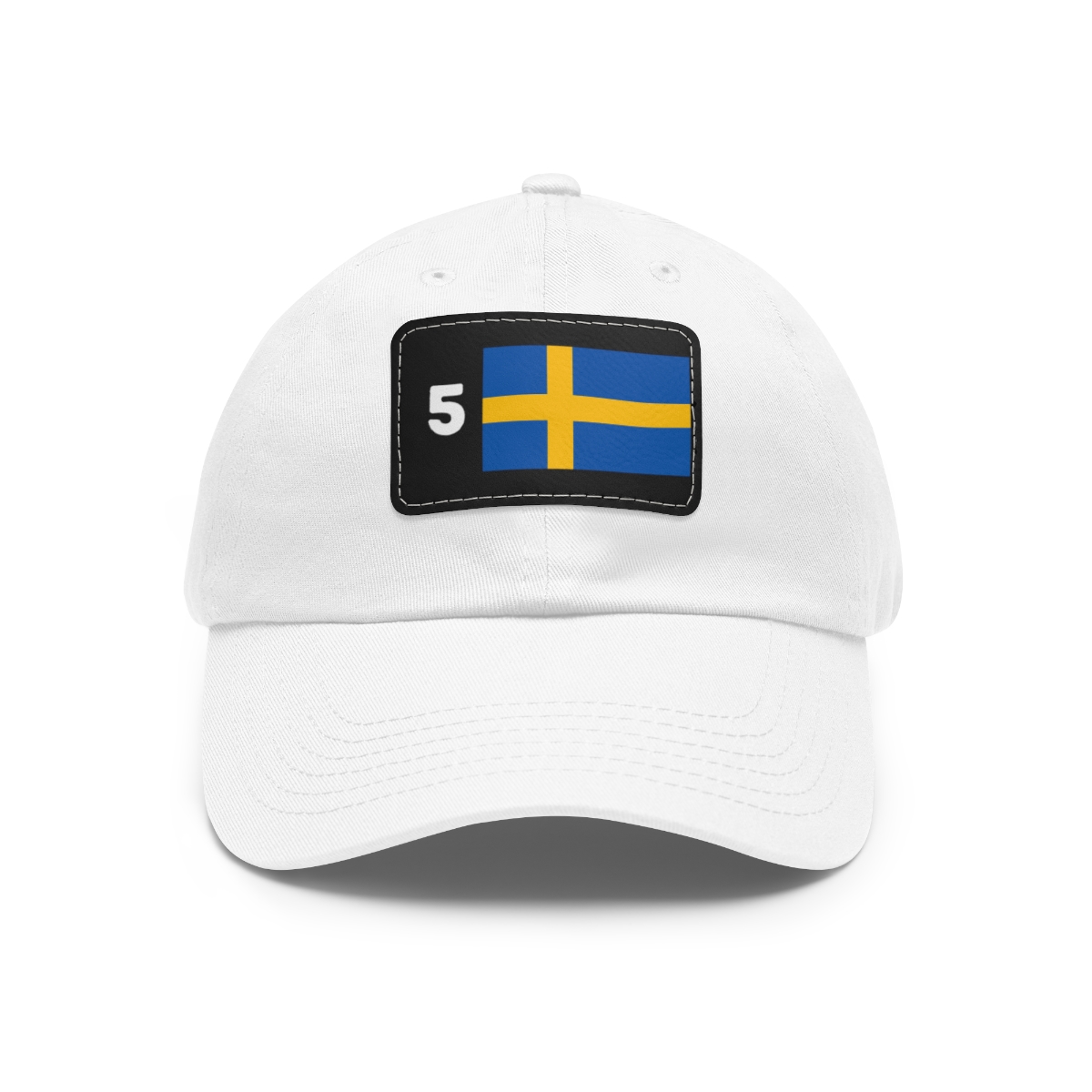 white baseball cap with the number 5 and the swedish flag on a black leather patch on the front of the cap