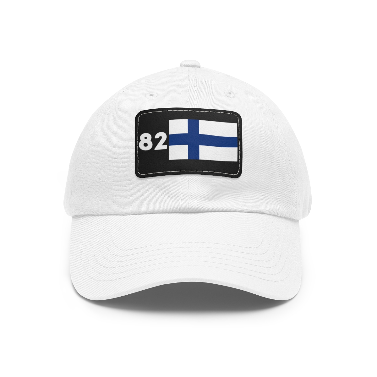 white baseball cap with a black leather patch that has the number 82 and Finnish flag on the front