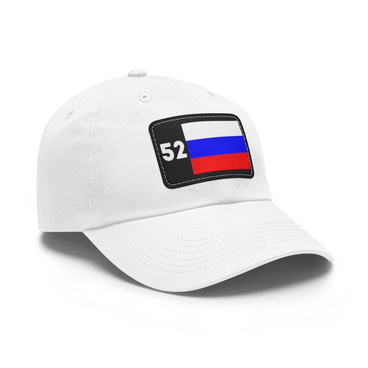 White baseball cap with the number 52 and the Russian flag on a leather patch on the front of the cap