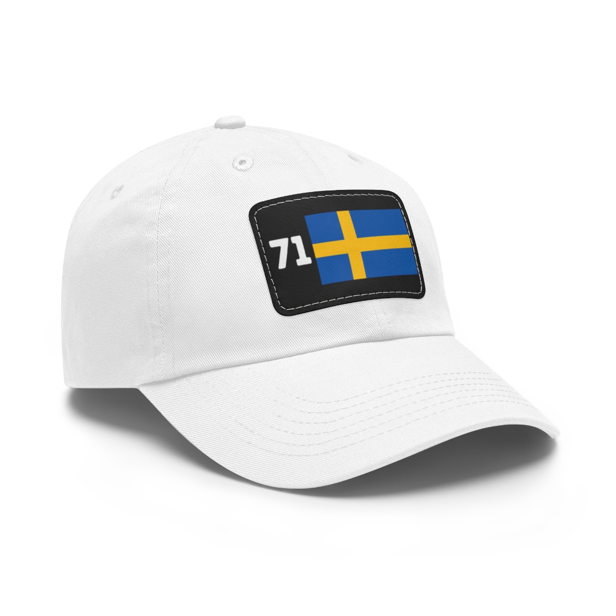 white baseball cap with number 71 and swedish flag on a black leather patch on the front of the cap