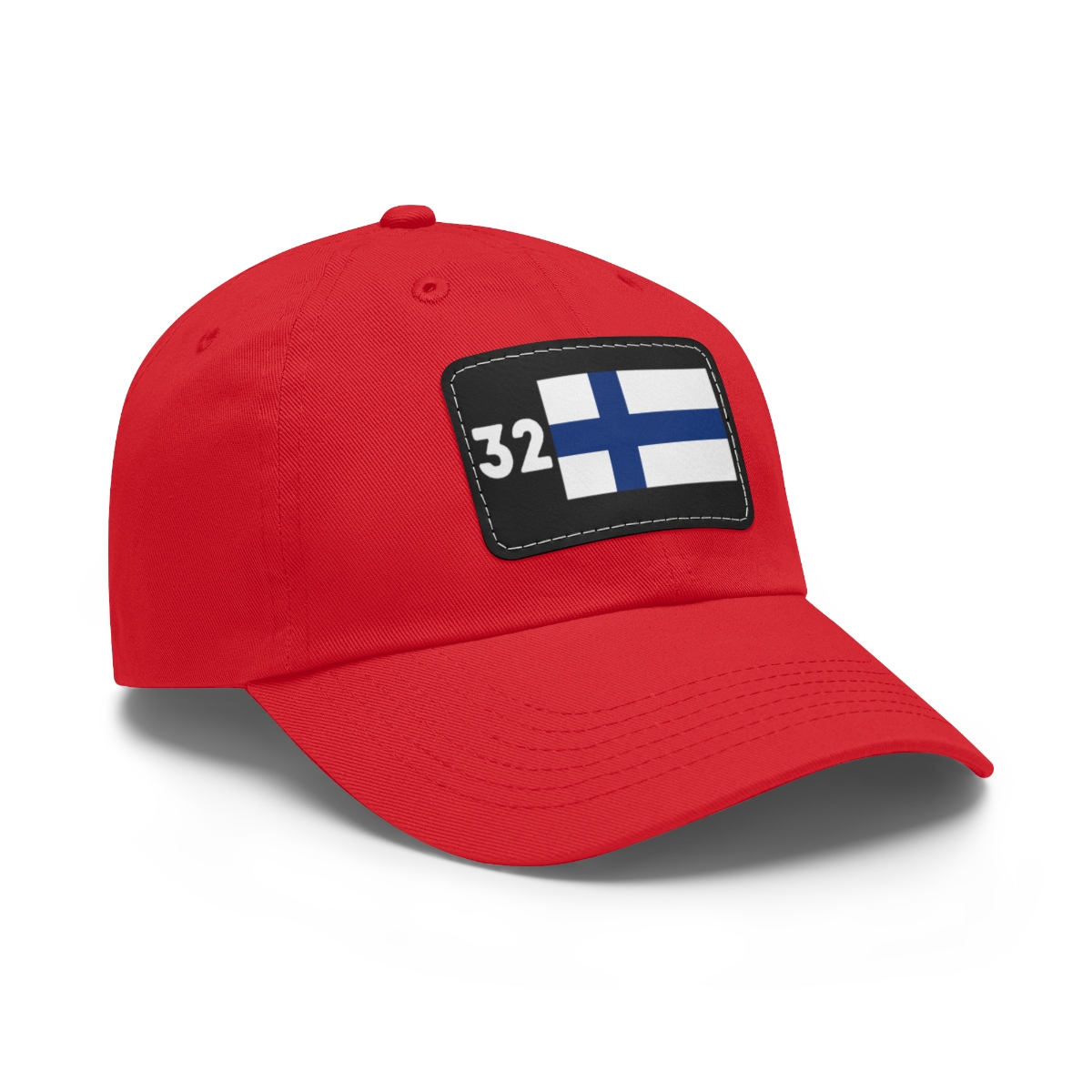 red baseball cap with the number 32 and the finnish flag on a black leather patch on the front