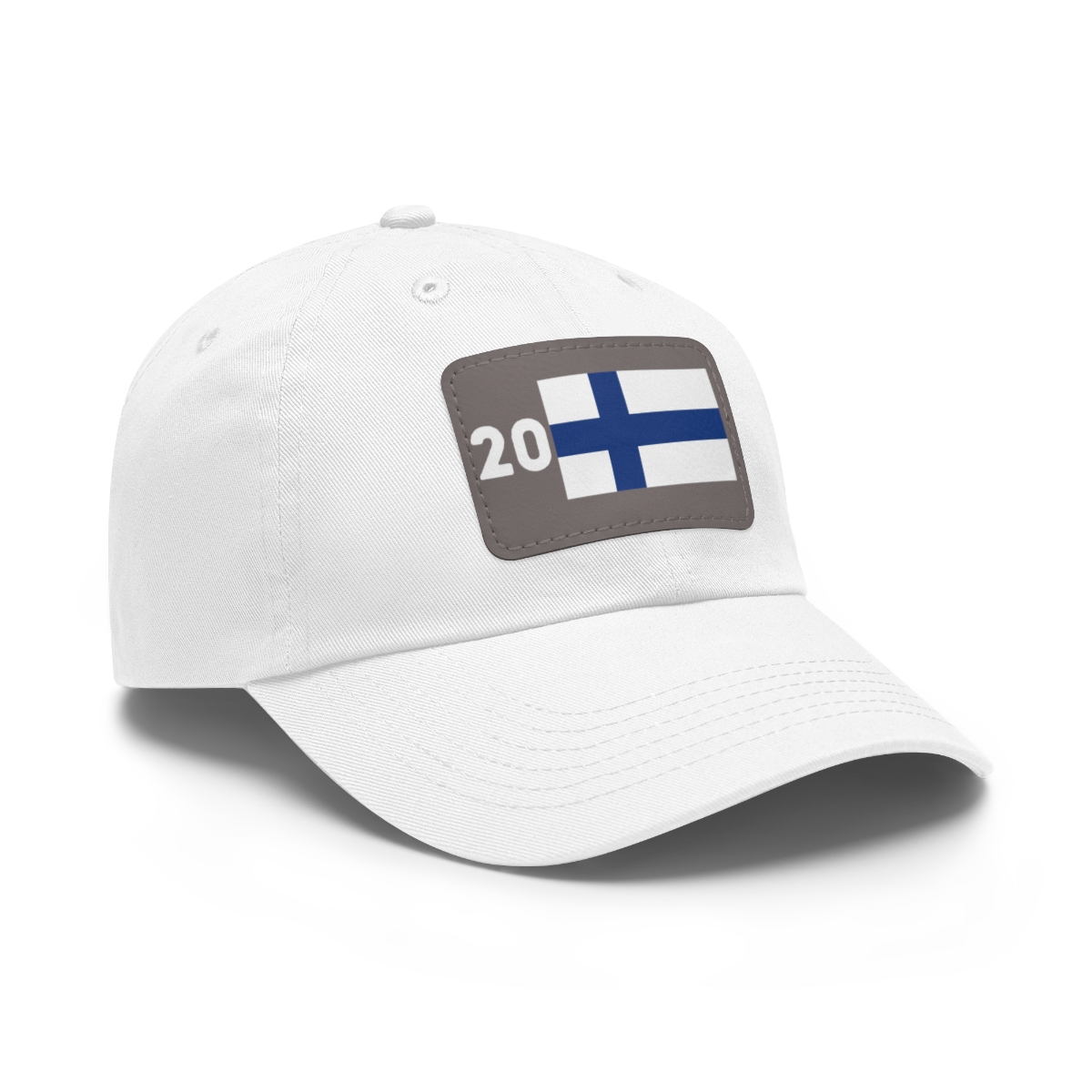 white baseball cap with the number 20 and Finnish flag on a grey leather patch on the front of the cap