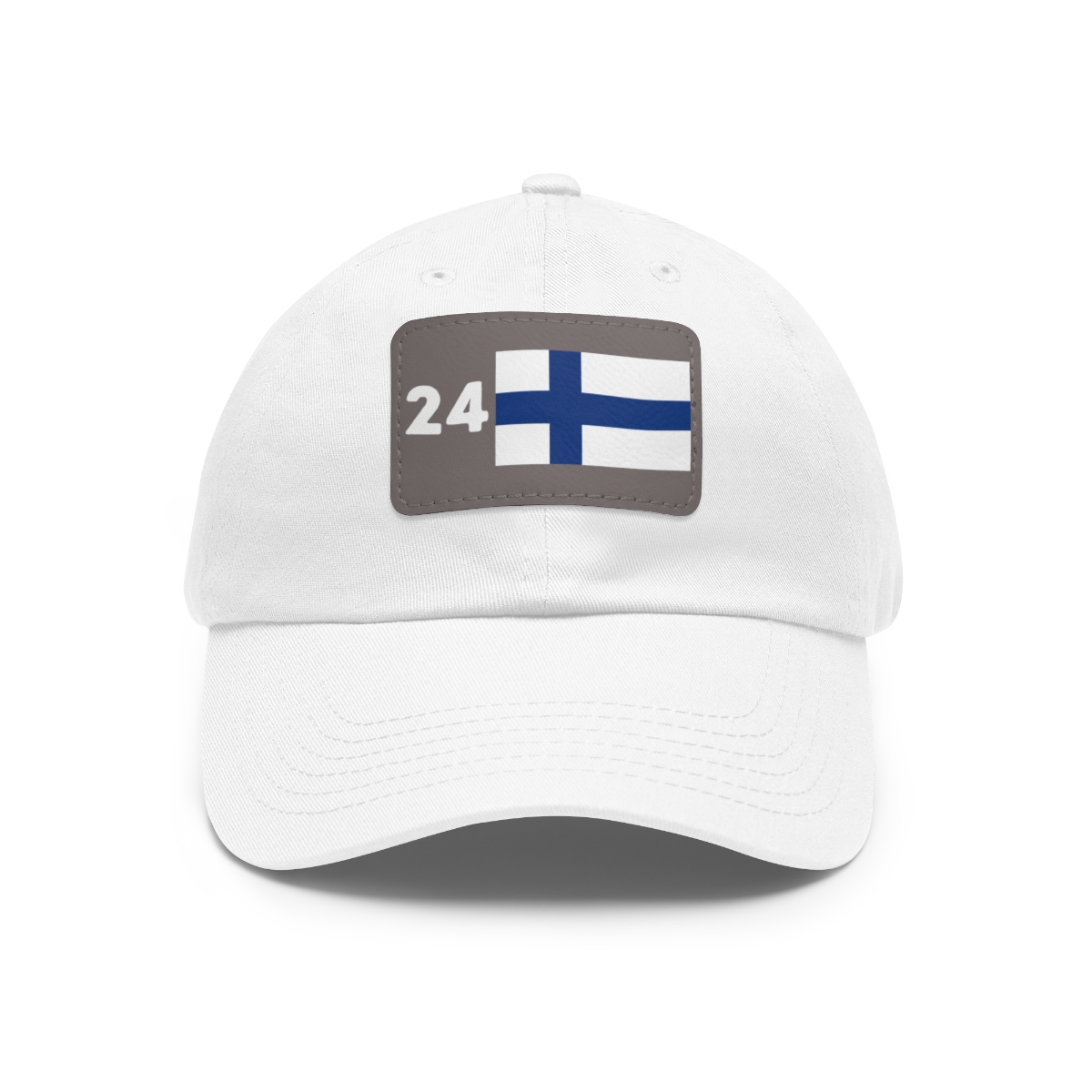 white baseball cap with the number 24 and finnish flag on a grey leather patch on the front of the cap