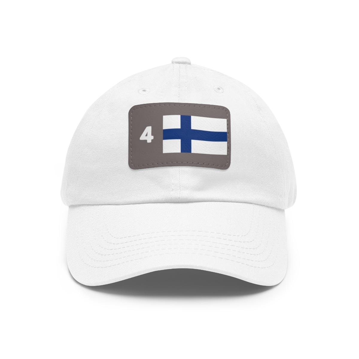 white baseball cap with the number 4 and the finnish flag on a grey leather patch on the front of the cap