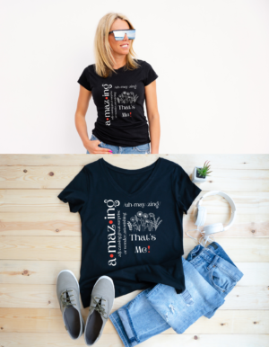 Amazing T shirt modeled in black and displayed with jeans and grey shoes as an outfit