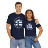 image of male and female model wearing the Rantanen tee in dark blue