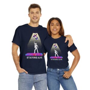 image of male and female models wearing the retro disco staying alive shirt in navy