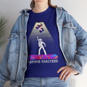 image of staying dialysed t-shirt modeled in colbalt blue